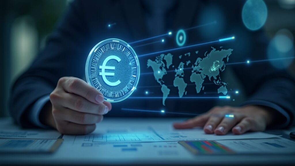 Plano medio centrado de un banquero en el escritorio con una stablecoin EUR holográfica conforme a MiCA sobre bonos tokenizados y una interfaz similar a SWIFT.