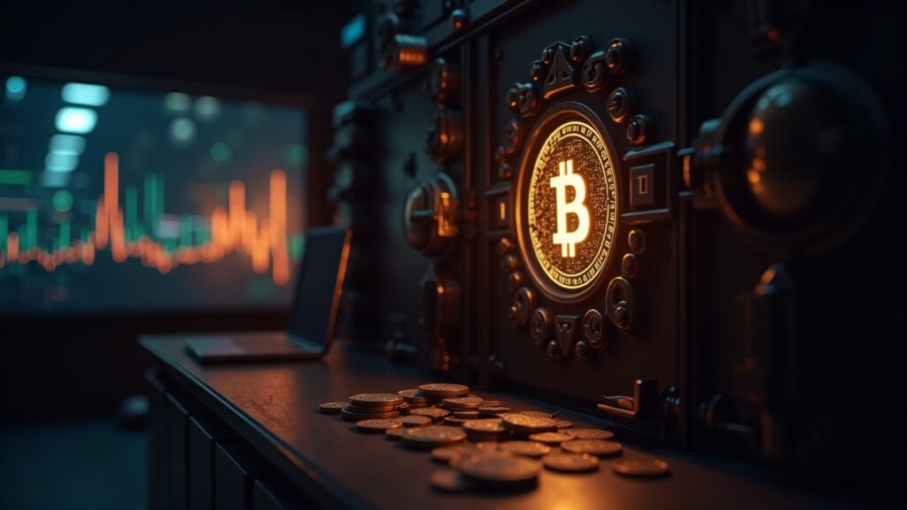 Escena fotorrealista de sala de redacción: bóveda de Bitcoin, monedas BTC brillantes, un monitor que muestra el logo de Tether y gráficos ascendentes.