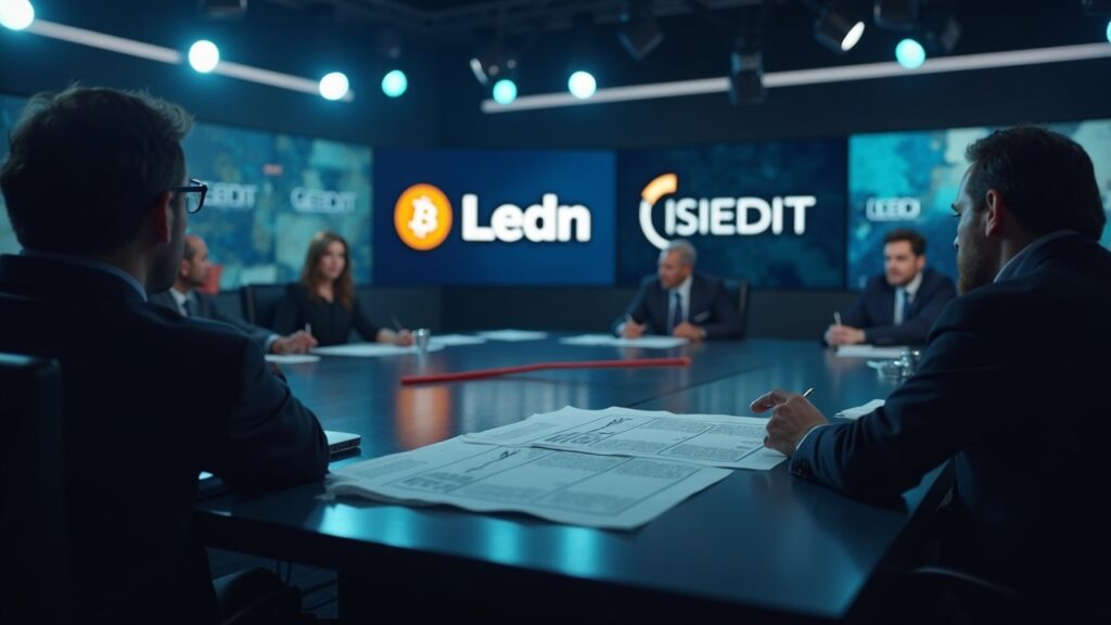 Tether invirtió hasta $50 millones en Ledn con una valoración de $500 millones Sala de redacción fotorrealista con los logotipos de Tether y Ledn y un contrato de préstamo de bitcoin en pantalla, ilustrando préstamos de stablecoins.