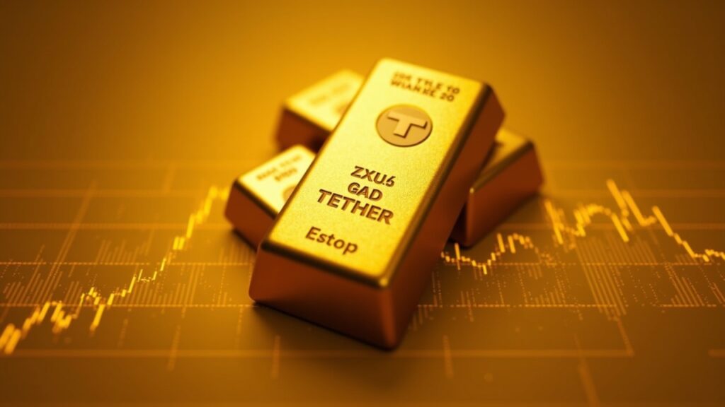 Barras de oro fotorrealistas estampadas con Tether, una sutil cuadrícula blockchain y una línea de precio de XAU en ascenso.