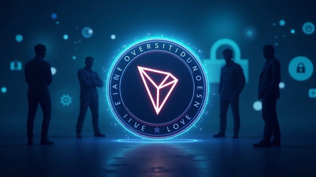 Cabecera de noticia realista con USDT brillante, logotipo de TRON, candado rojo, siluetas de aplicación de la ley e iconos de descentralización.