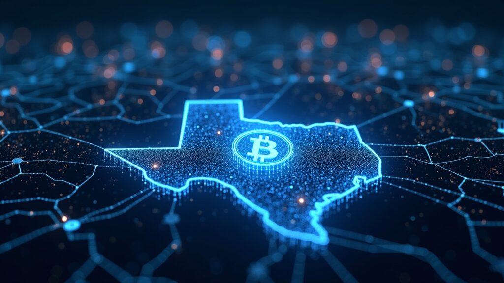 Centro de datos fotorrealista de Texas cerca de Houston con redes de IA/HPC brillantes, líneas de transmisión y un holograma de nodo de bitcoin.