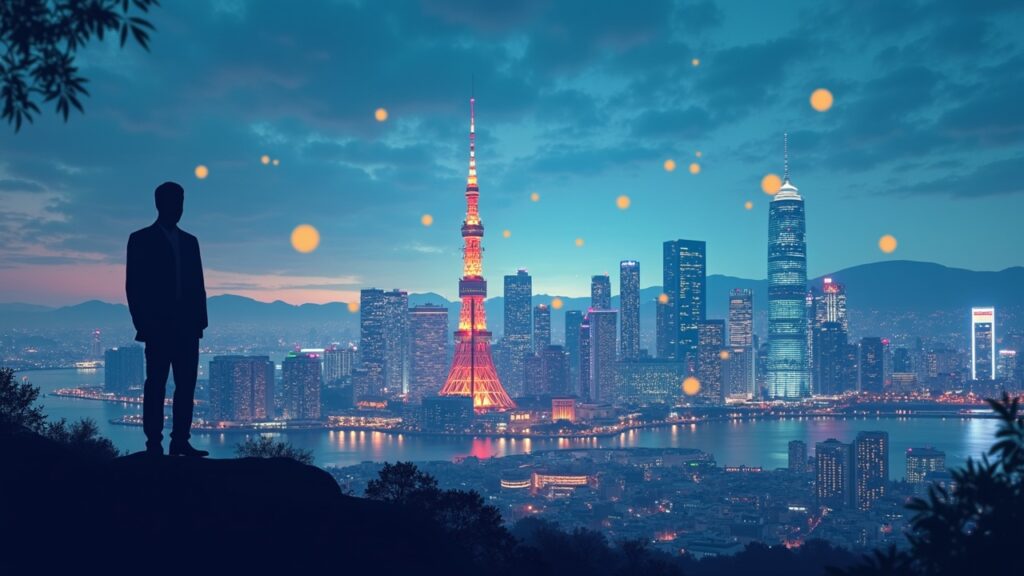 Horizonte futurista de Tokio con tickers de ETF flotando, criptomonedas y una silueta de un regulador en primer plano.