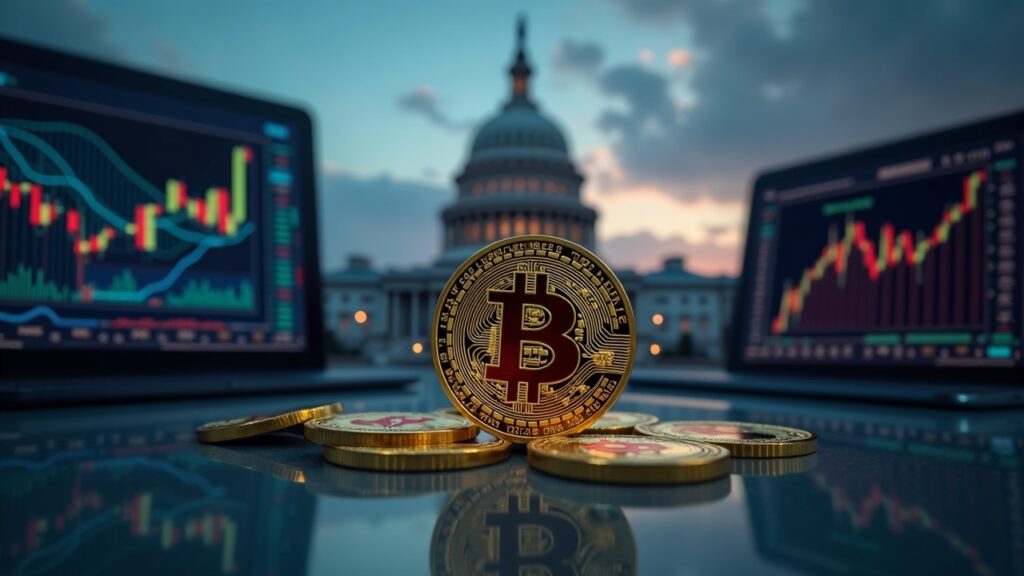 Token cripto realista temático de Trump sobre un escritorio de cristal con gráficos de precios y una superposición de blockchain delante de la silueta del Capitol.