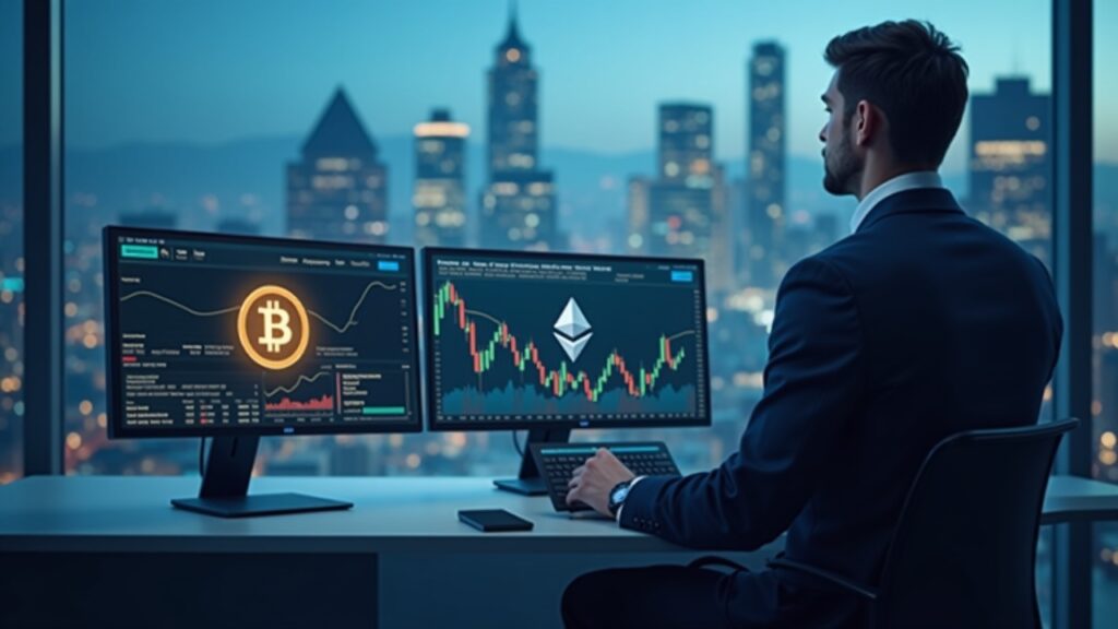 UBS sopesa el comercio de criptomonedas para clientes de banca privada Un banquero profesional supervisa una terminal de trading de criptomonedas que muestra BTC y ETH con el skyline suizo y una red digital.