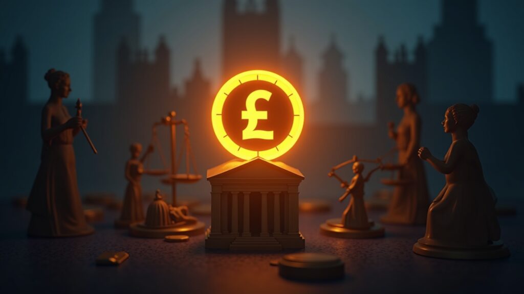 Encabezado fotorrealista: stablecoin brillante sobre el Banco de Inglaterra con escalas y siluetas de los Lords.