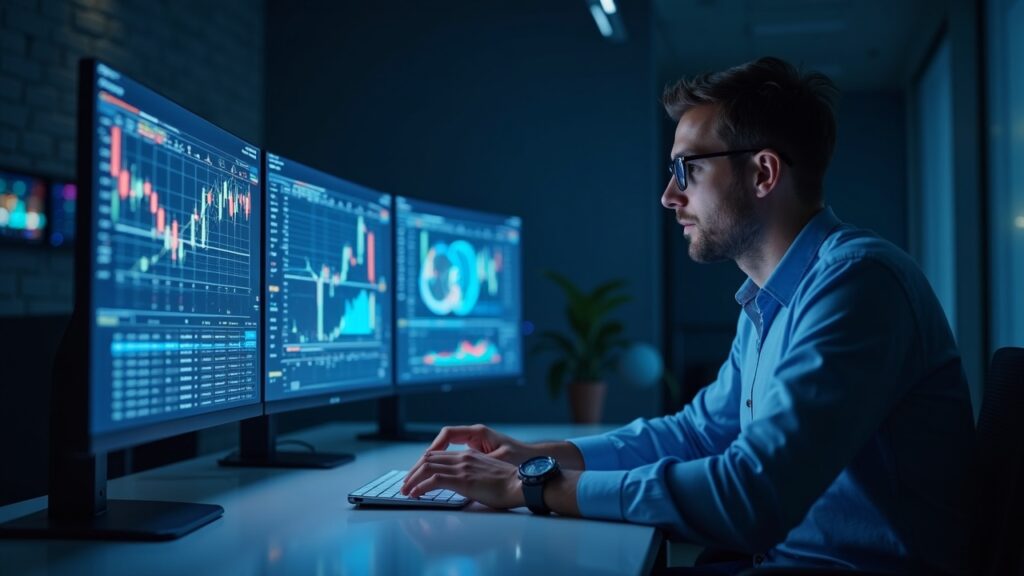 Vitalik Buterin obtiene 70,000 dólares en Polymarket tras apostar contra la irracionalidad del sector Operador de criptomonedas en un escritorio elegante con gráficos holográficos que muestran entusiasmo frente a probabilidades sobrias, logotipos de Polymarket y Polygon.