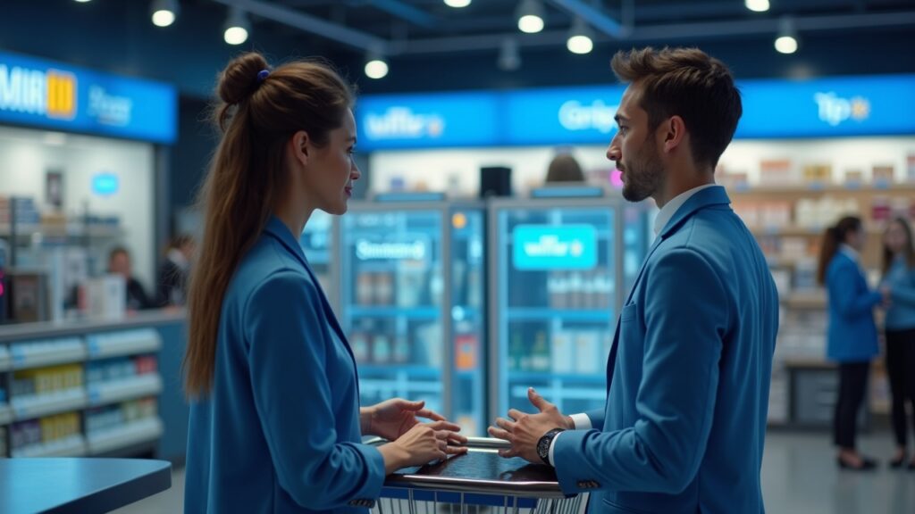 Walmart y Google apuestan por agentes de IA para cambiar la forma de comprar en línea Comprador fotorrealista utilizando agentes de IA de Walmart a través de OpenAI y Google Gemini para pago conversacional en un escaparate digital brillante.