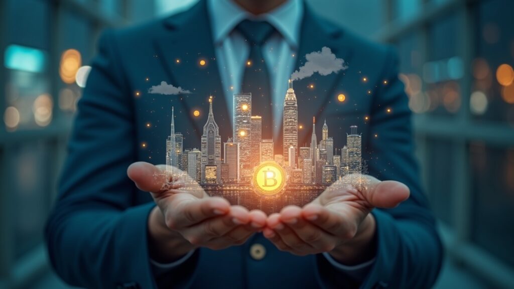 Figura fotorrealista sostiene un token resplandeciente que se transforma en un horizonte urbano y una fábrica, vinculados por nodos DePIN.