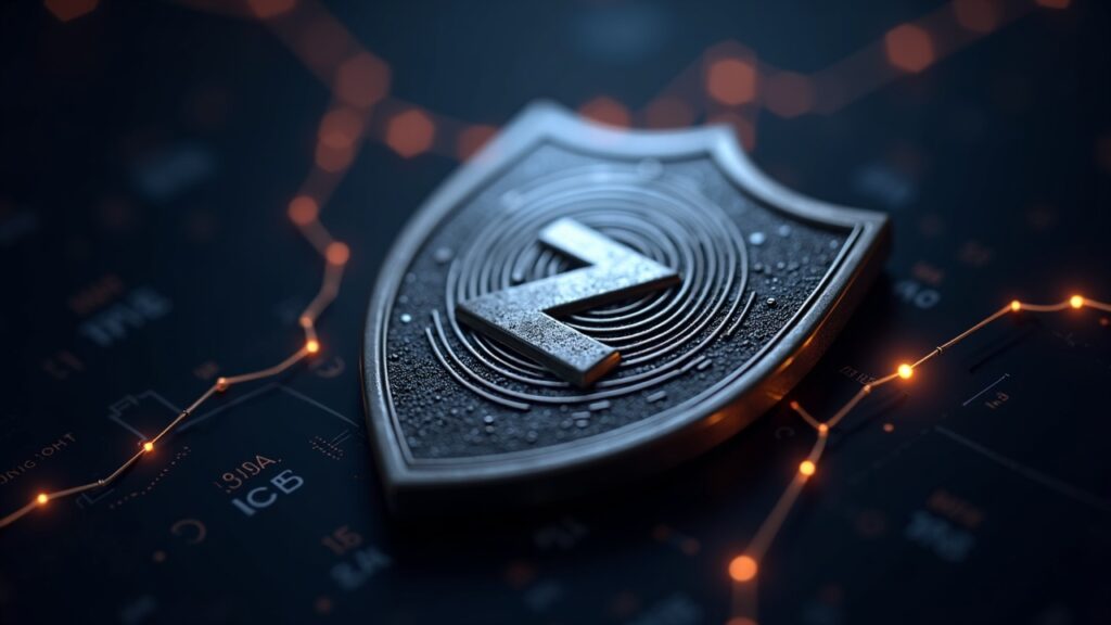 Escudo plateado fotorrealista con el logotipo de Zcash, conectado por líneas de red luminosas a una columna vertebral de datos.