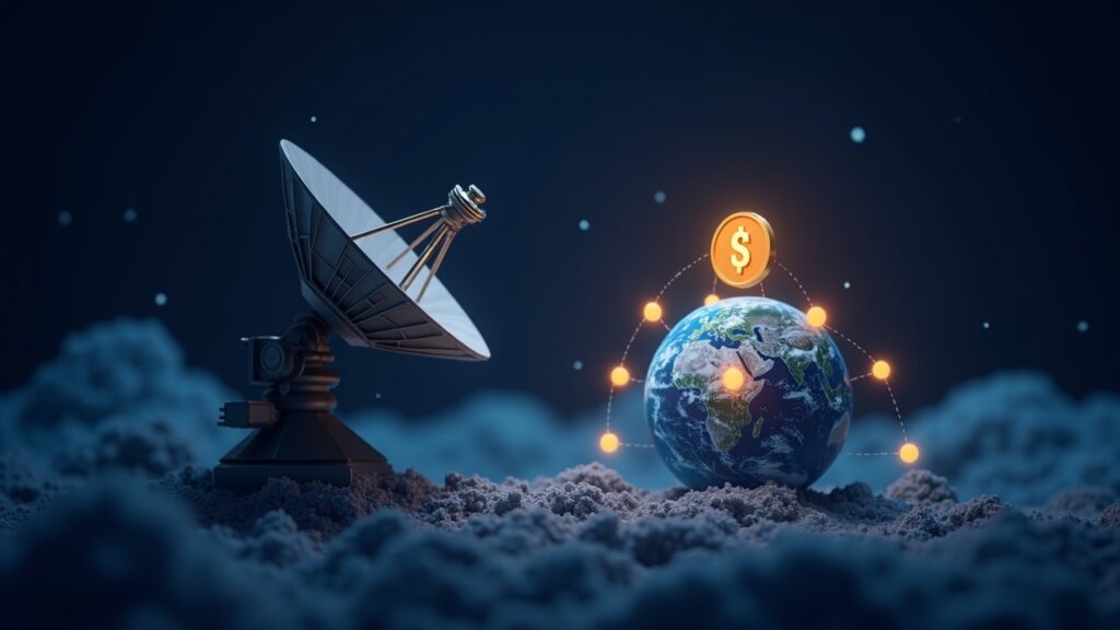 Antena parabólica fotorrealista proyecta nodos de blockchain luminosos hacia un globo, token USD1 simbolizando DeFi impulsado por satélites