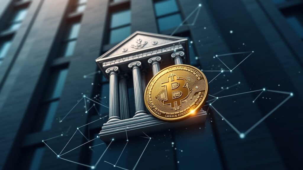 Fachada bancaria fotorrealista fusionada con un emblema brillante de USD1 y una superposición de blockchain