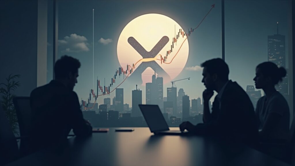XRP apunta a una ruptura del 34% gracias a la alta demanda Moneda XRP centrada con gráfico en alza, hombro-cabeza-hombro invertido, nube de Ichimoku y siluetas institucionales en una sala de redacción.
