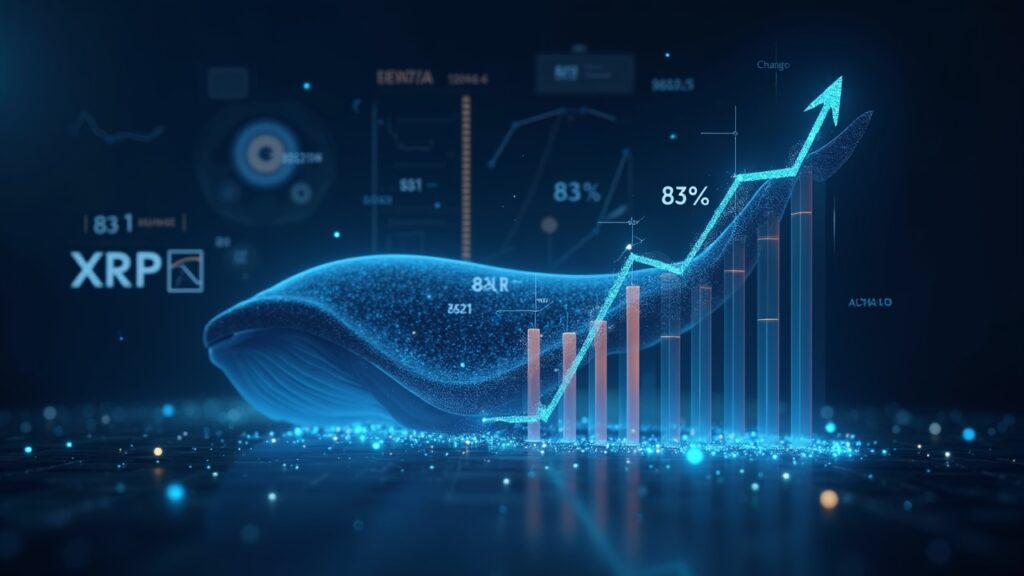 Analista cripto fotorrealista con un gráfico holográfico de XRP que muestra un 83% de rentabilidad, movimientos de ballenas y entradas a exchanges.