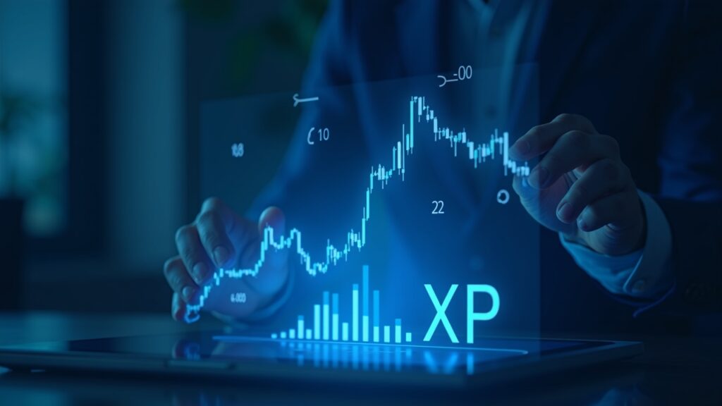 XRP retrocede a 1,93 dólares mientras inversores vigilan señales de rebote técnico inminente Un operador en una sala de redacción estudia un gráfico holográfico del precio de XRP que muestra un doble fondo cerca de 1.90 y resistencia en 2.00.