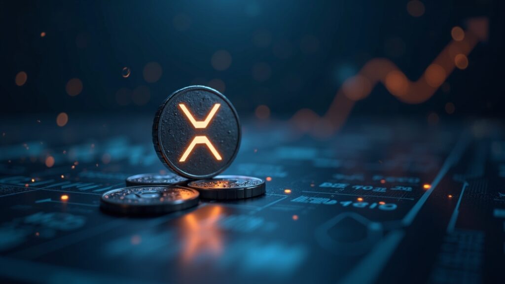 Logo de XRP que se eleva sobre un ledger brillante con flechas de entrada de ETF hacia una bóveda y salidas de criptomonedas desvanecidas.