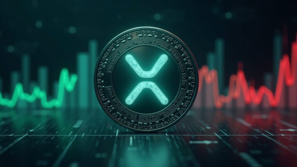 Moneda XRP realista con un gráfico de precios transparente que muestra liquidaciones de dos pasos en verde y rojo con pantallas de trading futuristas en el fondo