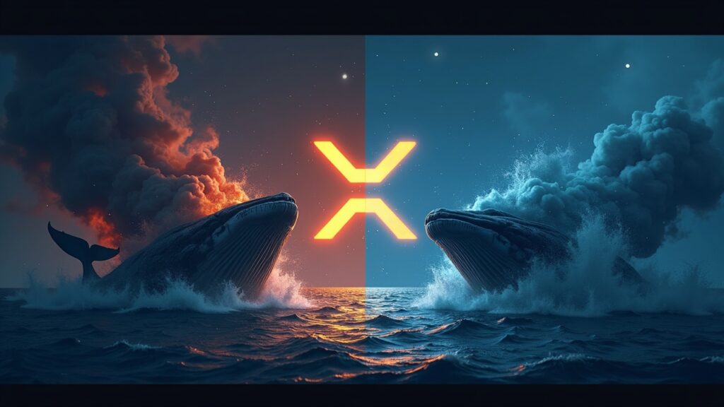 Logotipo de XRP centrado; a la izquierda muestra miedo extremo y presión de venta, a la derecha muestra acumulación de ballenas con un gráfico de precio ascendente.