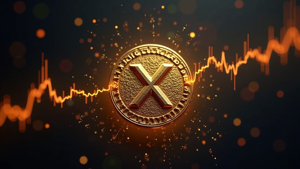 Logotipo de XRP atravesando un gráfico fractal dorado mientras aumentan las entradas institucionales, en un estilo audaz de sala de redacción.