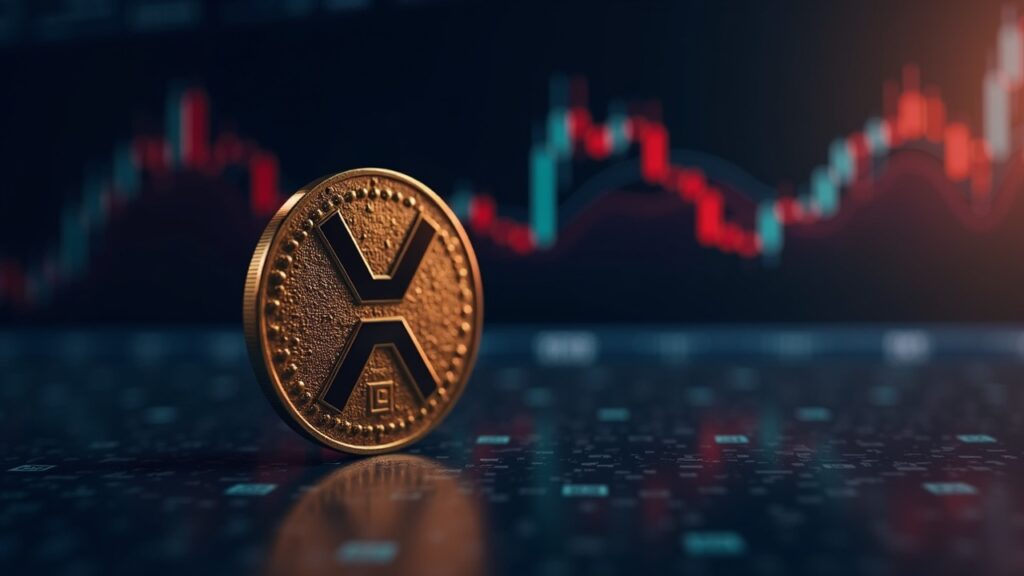 XRP muestra señales de recuperación con potencial de rebote del once por ciento Moneda XRP fotorrealista en primer plano sobre un gráfico de trading de alta tecnología con una cuña descendente que rompe hacia 2.10 y un resplandor del RSI