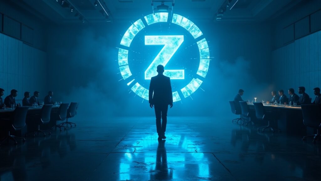 Un desarrollador solitario se aleja de un logo de Zcash destrozado en una sala de juntas tenue; luces de neón azul señalan crisis de gobernanza.