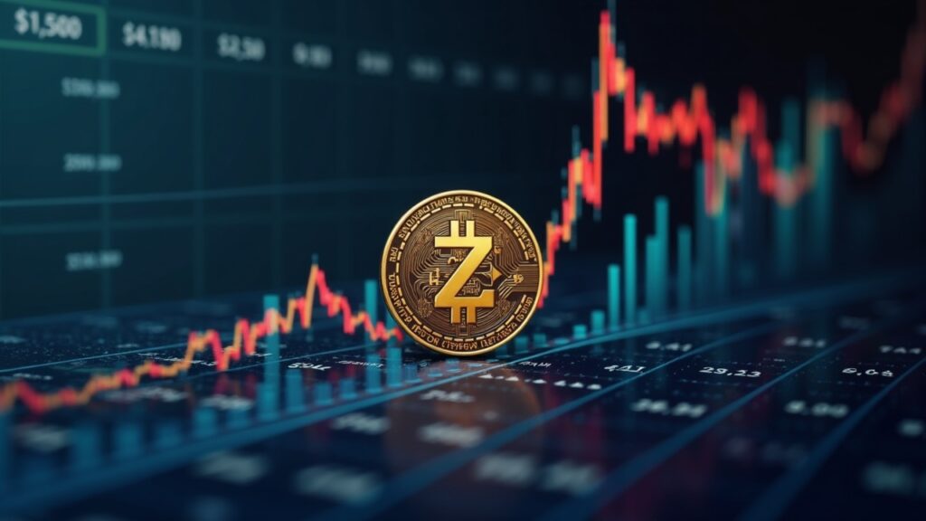 Moneda Zcash fotorrealista elevándose sobre un gráfico de precios con saldos decrecientes en exchanges, señalando acumulación on-chain hacia $500.