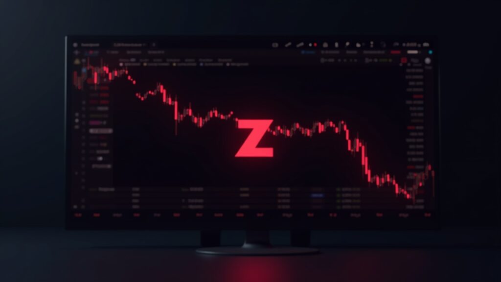 Logotipo de Zcash en una terminal de trading con un gráfico de precios en rojo que rompe por debajo del soporte, señalando un shock bajista del mercado.