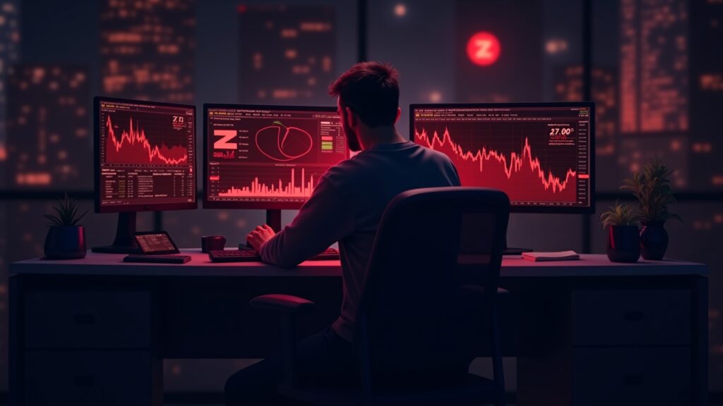 Escena realista de una sala de prensa con un operador concentrado en un escritorio; dos monitores muestran gráficos de precio en rojo de ZEC y métricas on-chain.