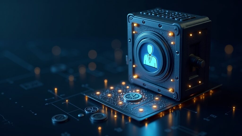 Hex Trust lanza FXRP y staking de FLR para clientes institucionales Bóveda bancaria con una figura ejecutiva y tokens FXRP/XRP orbitando un libro mayor transparente, ilustrando la acuñación custodial y el staking de FLR.