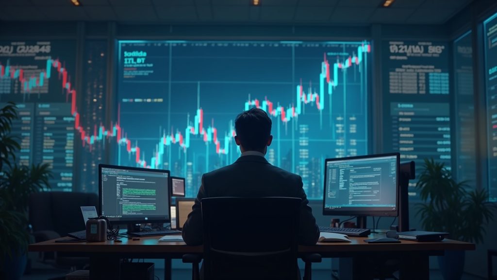 Ark Invest compra $18 millones en acciones a pesar de la caída del mercado Escritorio de trading fotorrealista con un operador central, acciones cripto holográficas y un gráfico alcista de diez días junto al bitcoin cerca de 60k.