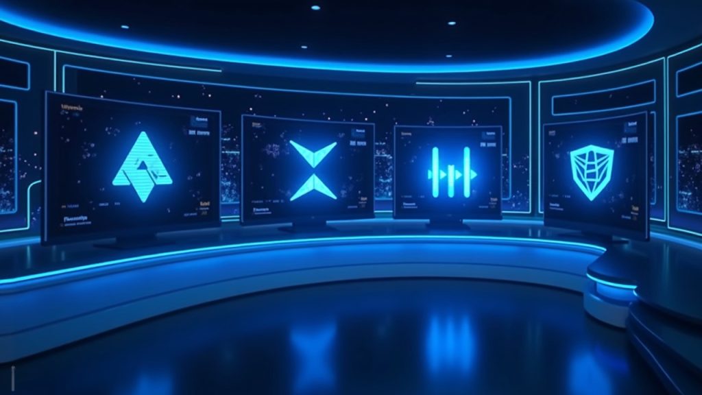 Aster y Hyperliquid lideran rebote mientras expertos advierten sobre tendencia estructural Escena de sala de prensa con tres glifos cripto de Aster, Hyperliquid y Hedera elevándose sobre gráficos de mercado y un resplandor neón azul.