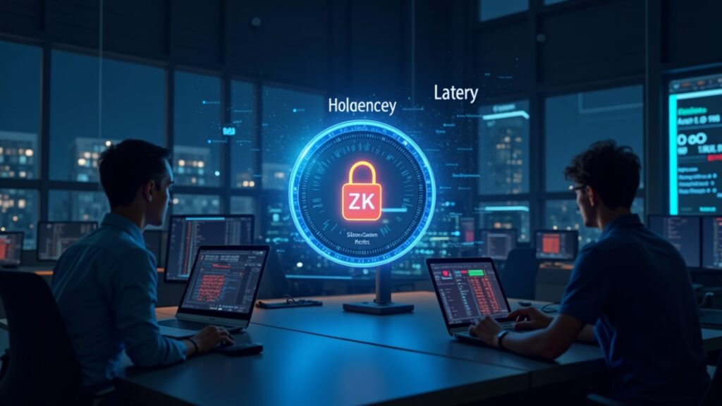 Aster activa la testnet de Capa‑1 mientras apunta al lanzamiento de la red principal Centro de trading fintech fotorrealista con reloj de latencia sub‑segundo, escudo de privacidad ZK y desarrolladores programando en Aster Code.