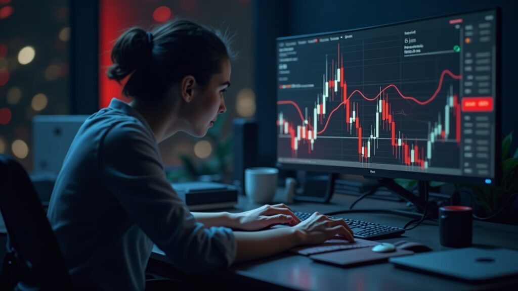Bitcoin borra 15 meses de ganancias tras caer a 69.000 dólares por ventas coordinadas Operador fotorrealista analiza un gráfico holográfico de Bitcoin que cae por debajo de 69k con señales de peligro rojas en una redacción cripto.