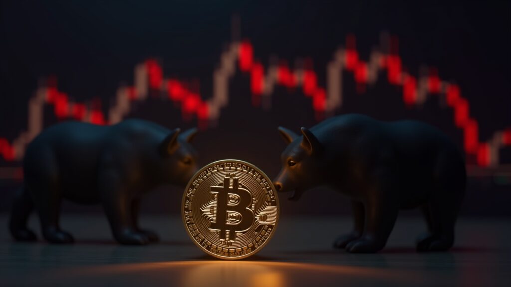 La recuperación de Bitcoin a los 100.000 dólares podría retrasarse varios meses según expertos Símbolo de Bitcoin fotorrealista sobre el escritorio de un operador con un gráfico de vela mensual rojo y una sutil silueta de toro contra oso.