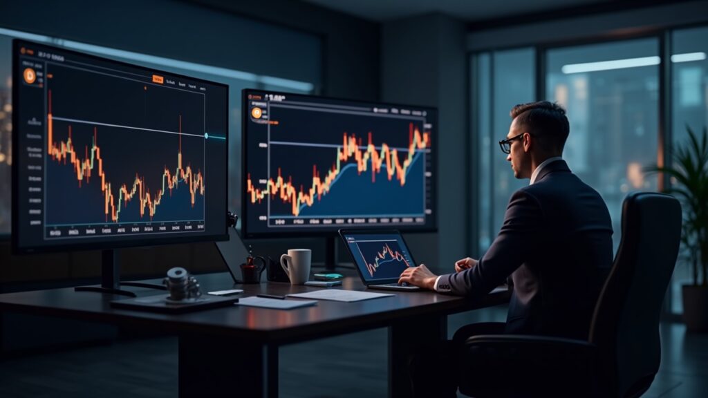 Los activos de los ETF de Bitcoin bajan de 100 mil millones tras fugas de capital Sala de redacción fotorrealista: monitor muestra que los activos bajo gestión de los ETF de Bitcoin están por debajo de $100B con una flecha roja hacia abajo y un inversor cauteloso.