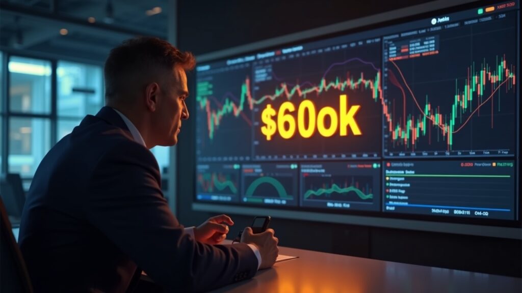 Bitcoin ETF pierden 434 millones de dólares tras caída de precios a 60.000 Sala de prensa fotorrealista con un analista junto a un ticker de Bitcoin brillante en $60k, gráficos de salidas de ETF y una curva de opciones volátil.