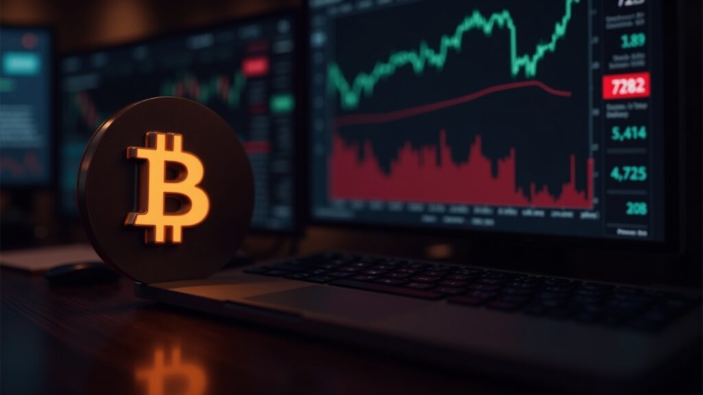 Bitcoin toca mínimos en 15 meses y el mercado cripto liquida más de $800 millones Logotipo fotorealista de bitcoin en un escritorio de negociación con una línea de tendencia descendente roja y monitores que muestran liquidaciones cerca de 72k.