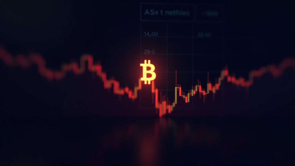 La caída de Bitcoin supera las estadística de la pandemia y del colapso de FTX Símbolo de Bitcoin en el centro; vela diaria roja rompe por debajo de la media móvil de 200 días resplandeciente en un panel de mercado oscuro.