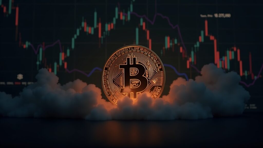 El índice de volatilidad de Bitcoin alcanza picos de 2022 al caer a 60.000 Logotipo fotorrealista de Bitcoin sobre un gráfico de precios en caída, con un indicador de volatilidad al 100% y sombras atenuadas de la era FTX.