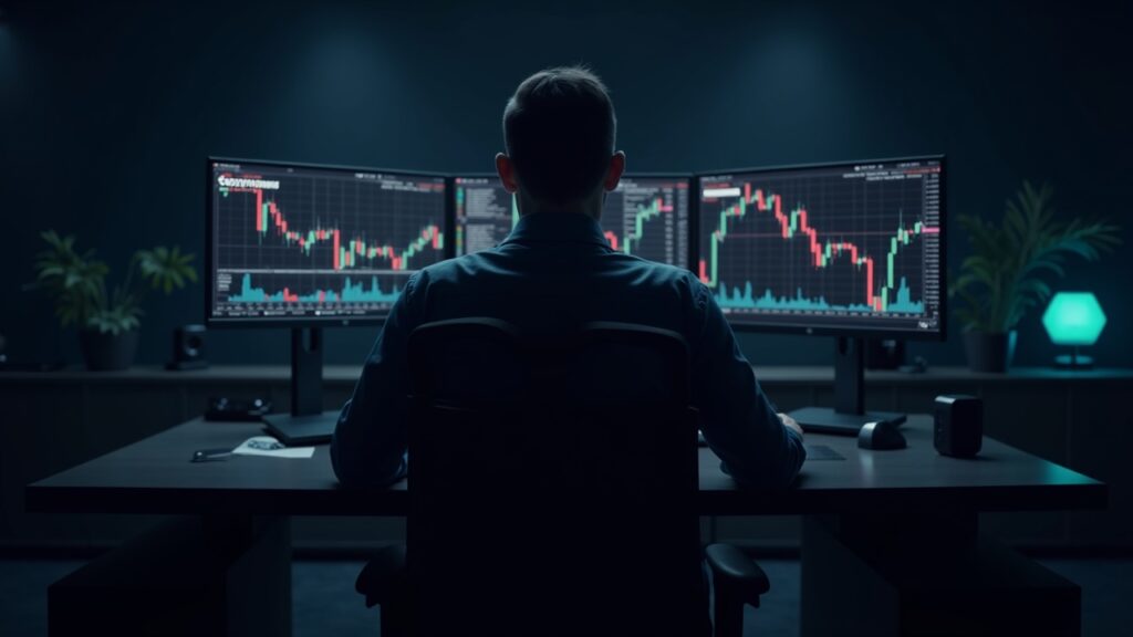 Bitget recorta comisiones hasta el 30 de abril buscando consolidar usuarios Comerciante fotorrealista en un escritorio moderno con monitores que muestran gráficos de perpetuos de acciones y metales, con la marca Bitget.