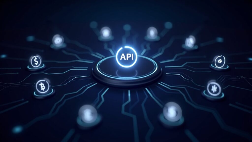 Bitget Wallet lanza una API para trading en empresas fintech y plataformas de activos digitales Centro fintech con un nodo API central y flujos de datos luminosos hacia iconos de blockchain, señalando la infraestructura B2B de Bitget Wallet.