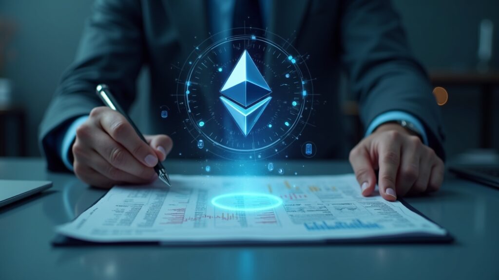 Tom Lee justifica pérdidas de 6.000 millones en BitMine como parte del diseño estructural Analista financiero fotorrealista en un escritorio elegante con un holograma de Ethereum sobre un libro contable que muestra una gran pérdida, indicando riesgo.