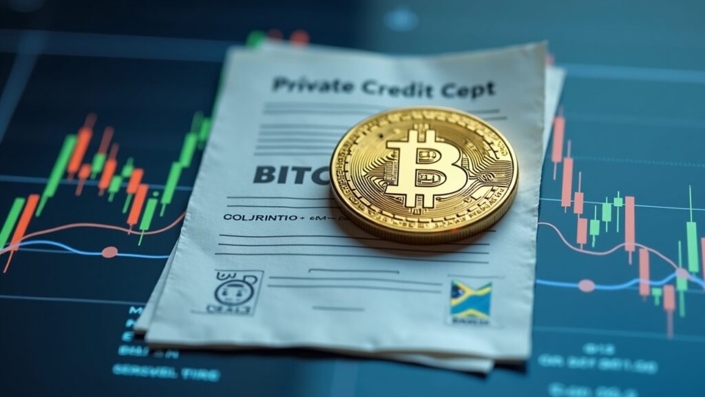 Mercado Bitcoin despliega $20 millones en crédito privado tokenizado en Rootstock Emblema de Bitcoin junto a un documento de crédito privado en una interfaz de Rootstock con los logotipos de Stellar y XRP.