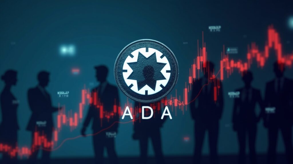 El precio de Cardano alcanza un soporte histórico que ha detonado rallies explosivos Logotipo fotorrealista de la moneda Cardano ADA sobre un gráfico de precios ascendente con siluetas de traders institucionales e iconos regulatorios.