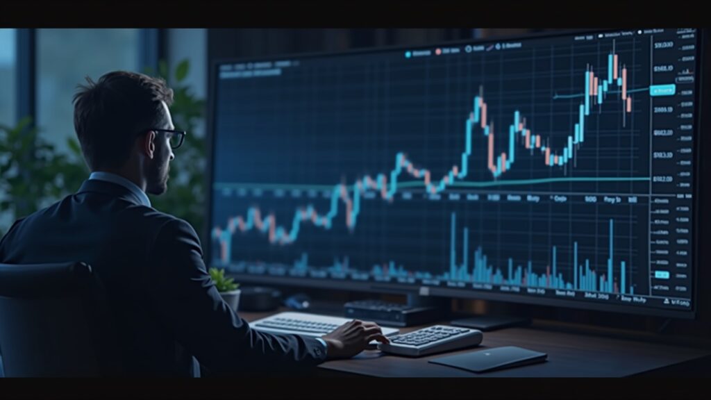 Ballenas de Cardano acumulan $40 millones y repuntan su precio en el mercado Comerciante fotorrealista en un escritorio elegante que estudia un gráfico ascendente de Cardano cerca de $0.25, señalando la actividad de ballenas en medio de vientos en contra.