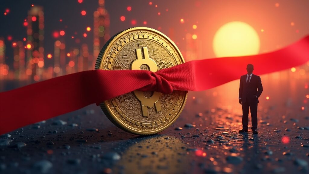 China amplía la represión contra las stablecoins y los RWA tokenizados Moneda de yuan fotorrealista atada con cinta regulatoria roja, iconos de tokens en el extranjero que se desvanecen y la silueta de un regulador sobre un horizonte digital.