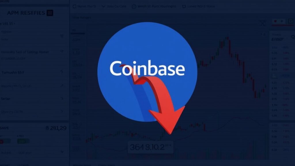JPMorgan baja el precio objetivo de las acciones de Coinbase (COIN) a $290 Sala de redacción fotorrealista con el logotipo de Coinbase, una flecha roja hacia abajo y una etiqueta de precio 290 en una pantalla de mercado con la marca JPMorgan.