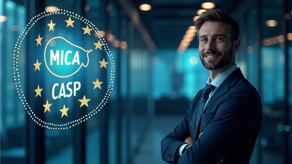 Damex obtiene licencia MiCA y alcanza el nivel de institución de activos digitales Tier‑1 en Europa Ejecutivo fintech fotorrealista en un centro elegante con una insignia MiCA CASP luminosa en el cristal y un mapa de la UE de fondo.