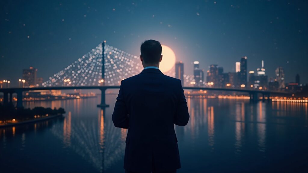 Moonshots Program lanza se programa de financiación para escalar las finanzas institucionales en cadena Imagen fotorrealista de un inversor profesional frente a un puente brillante que conecta el horizonte financiero con una red blockchain.