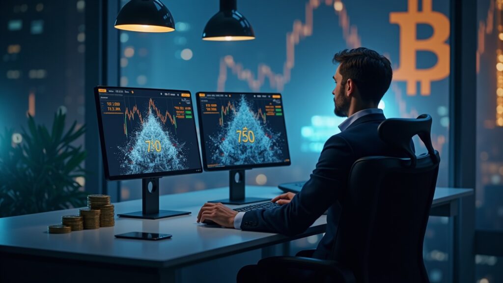 Bitwise anticipa el fin del invierno criptográfico mientras el oro recupera los 5.000 dólares Operador fotorrealista en un escritorio elegante, pantalla dividida: Bitcoin por debajo de 75k y oro cerca de 5k, logo de BTC descongelándose.